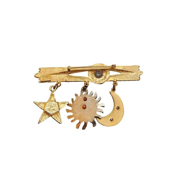 Vintage Signed ULTRA CRAFT Sun Moon And Star Bar Dangling Brooch (A6137) - Picture 2 of 3